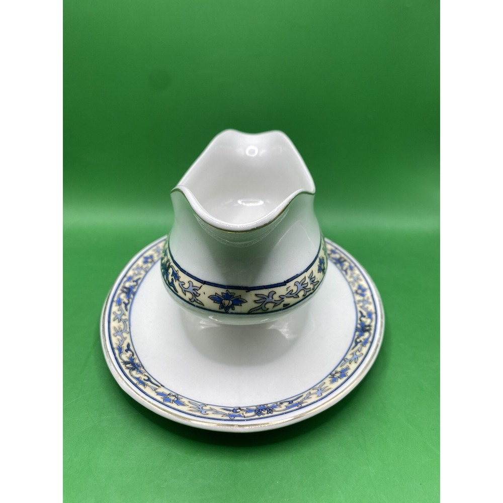 Vtg Alfred Meakin England Gravy Boat W/Underplate Blue Ivory Floral - Picture 5 of 14